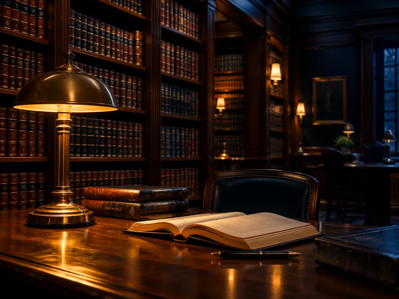 Law library with a brass reading lamp